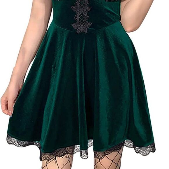 Gothic Retro Green Velvet Butterflies Patchwork Steampunk Party Dress SIZE L NEW - Picture 3 of 14